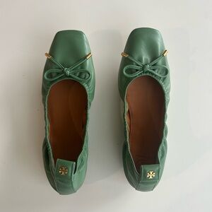 Tory Burch Leather Bow Ballet Flats with Gold logo Accents